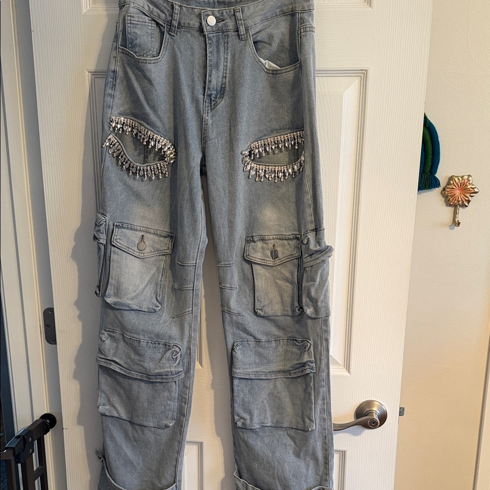 Amazon Women's Light Gray Straight-Leg Cargo Jeans with Crystal Fringe Accents